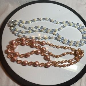 Vintage lot of 2 pink and blue beaded necklaces.